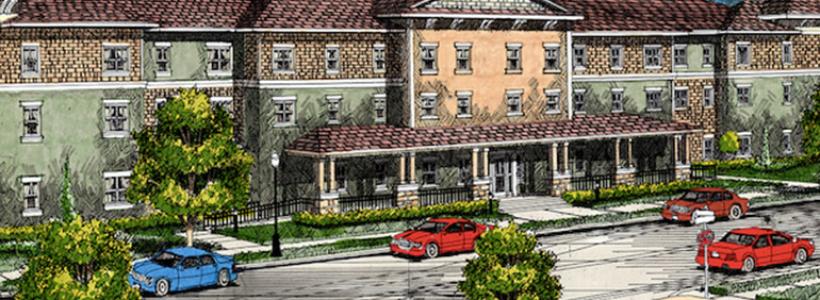 Rendering of a three story building with a covered entry patio, a road, and multiple trees.