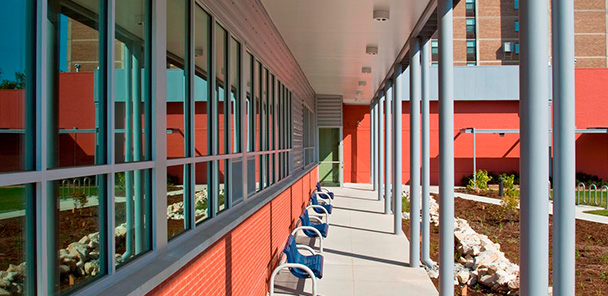 The breezeway at the entrance to the school, with a garden to the right and windows to the left.