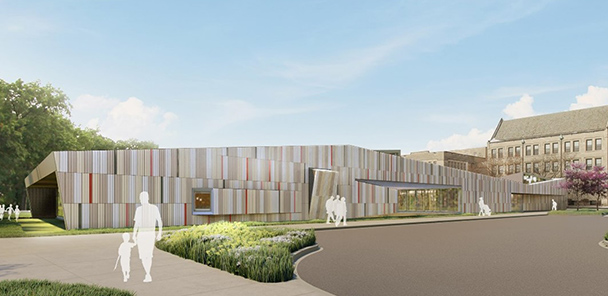 Rendering of the Marygrove Early Learning Center which is light gray with rectangular design.
